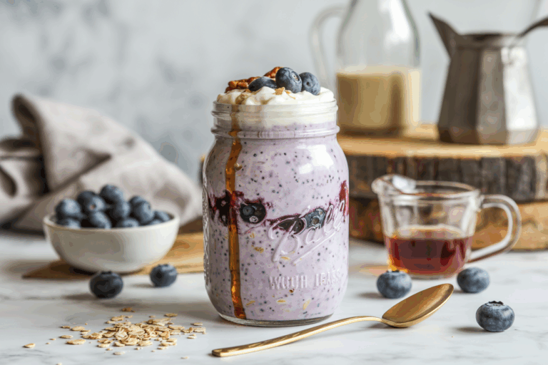 Protein Blueberry Pancake Overnight Oats Recipe (22g Protein)
